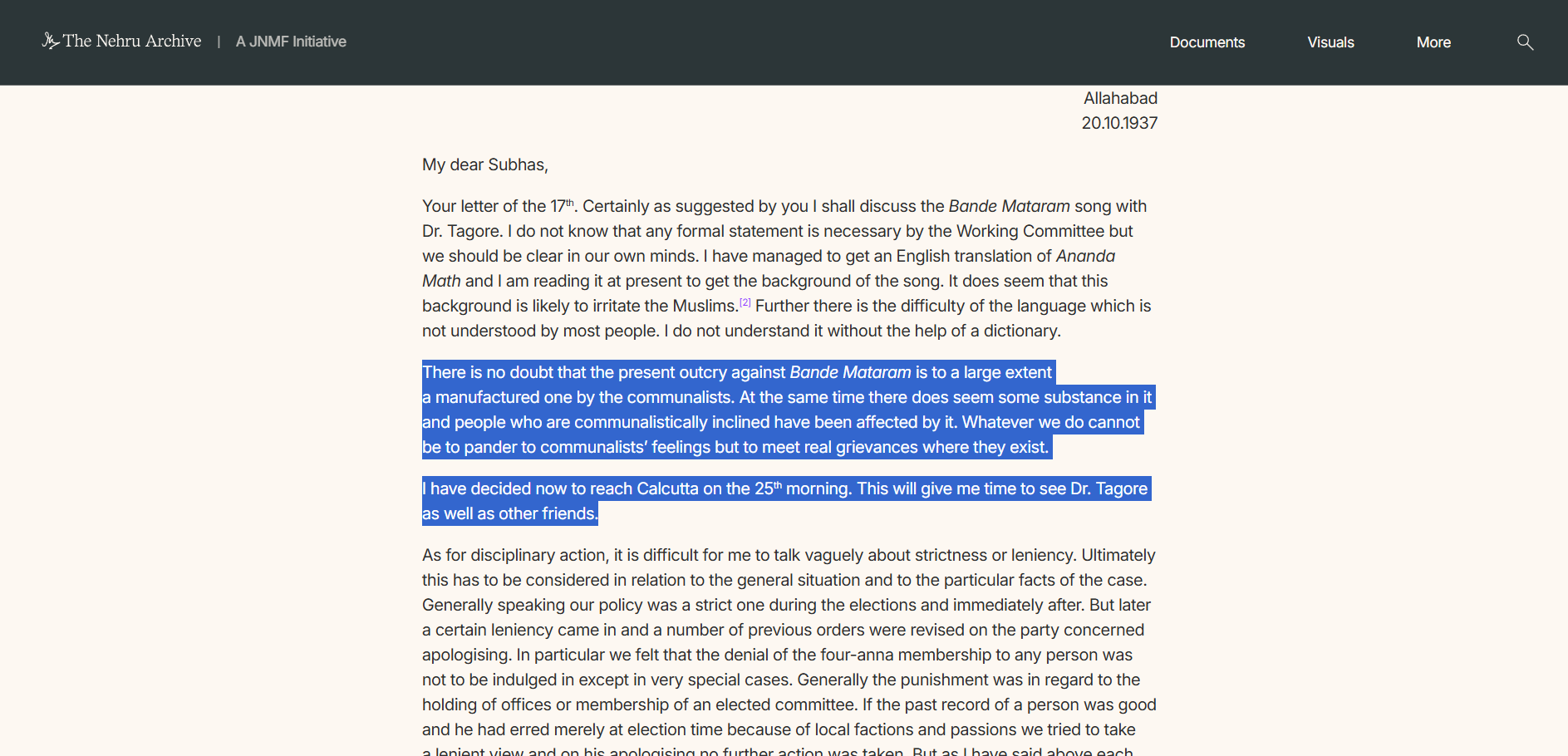 nehru archive documents to subhas chandra bose 20 october 1937